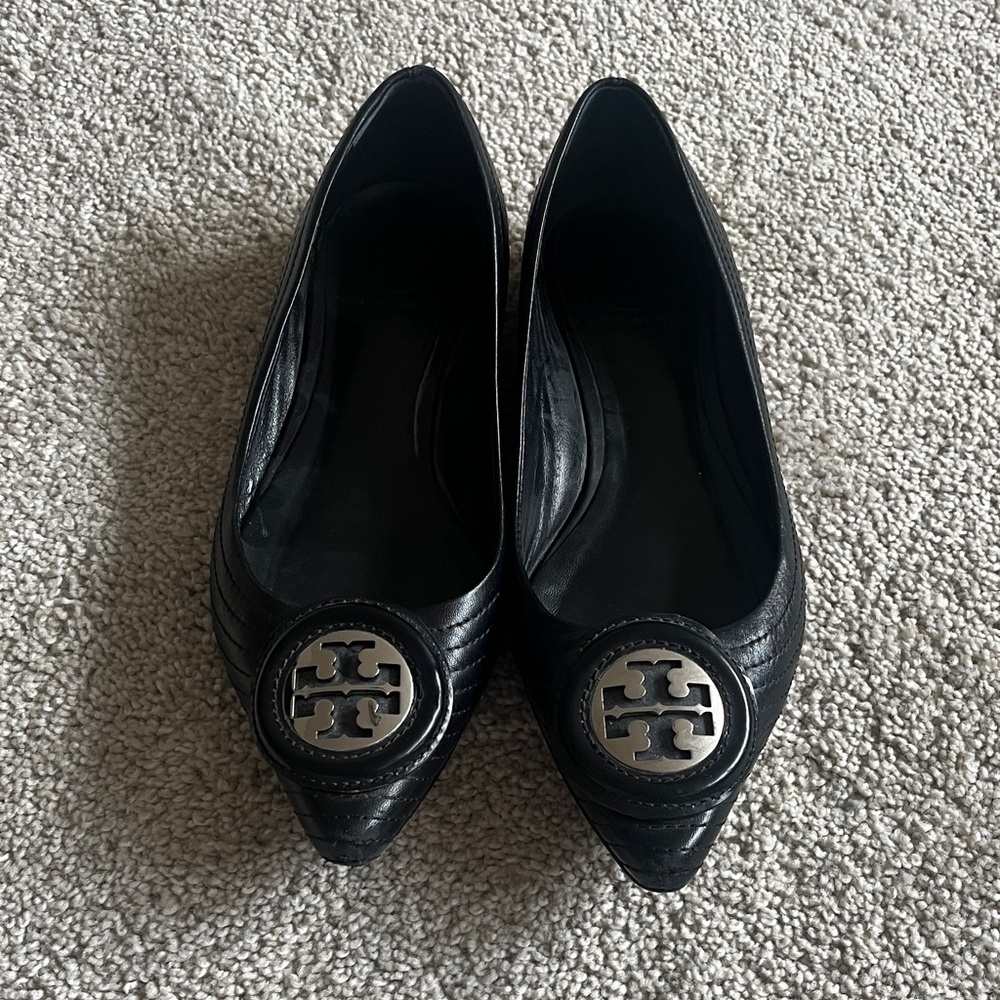 Tory Burch Black Leather Flats with Silver Logo